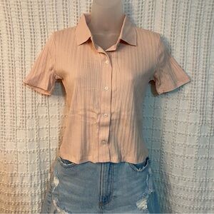 Zara Pink Ribbed Crop Button Down Top